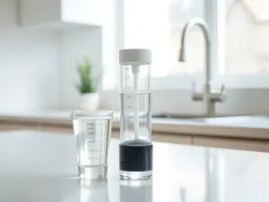 Szklanka wody i domowy test twardości na jasnym blacie kuchennym, sugerujące samodzielne badanie jakości wody w domu.