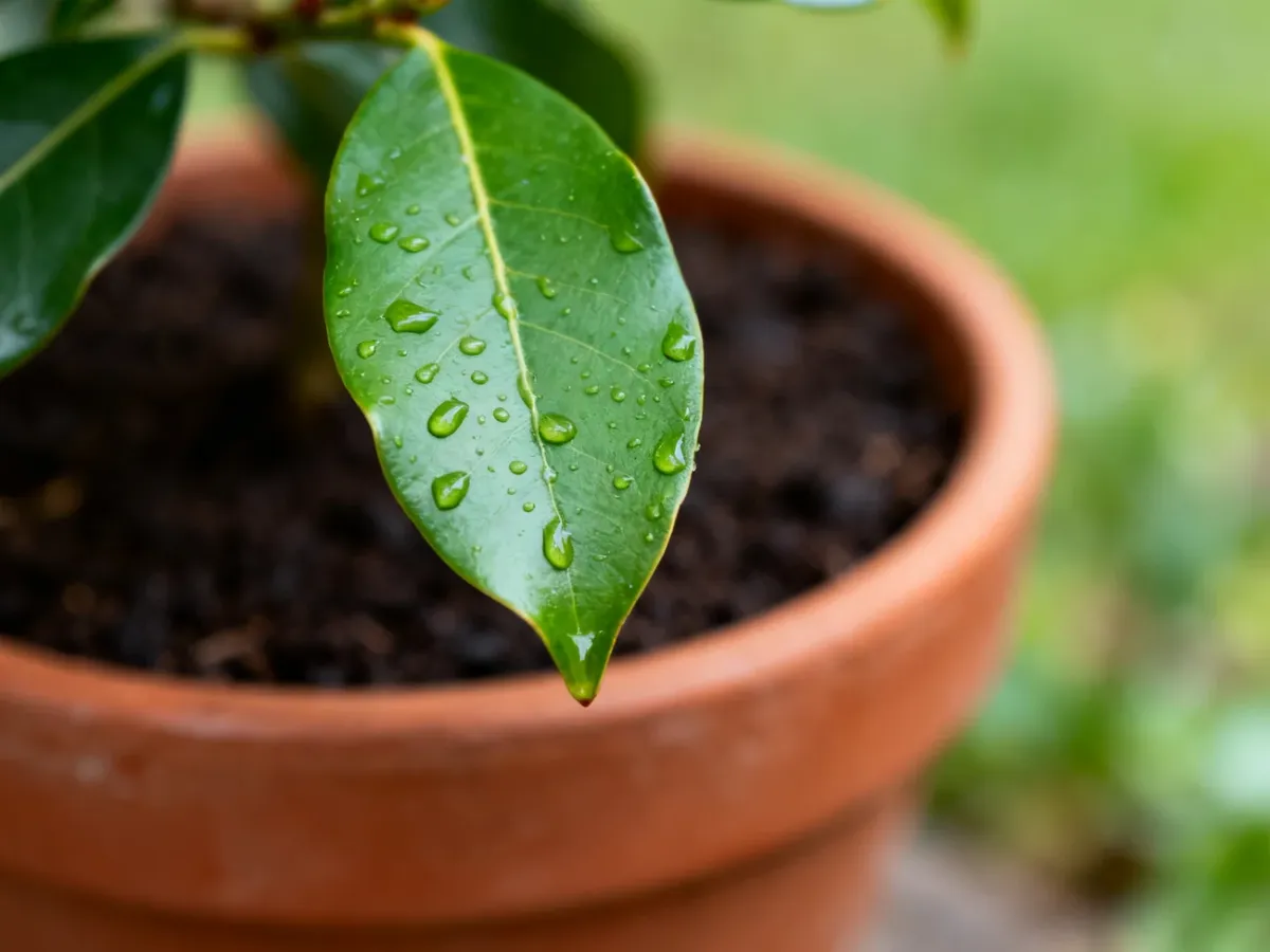 Zdrowy liść laurowiśni z kroplami wody na tle żyznej ziemi w doniczce, ilustrujący wybór odpowiedniego podłoża.