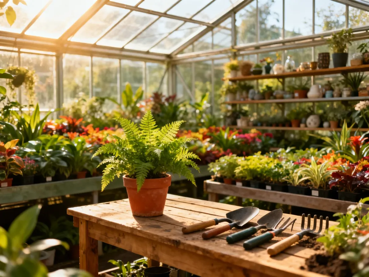 Wnętrze nasłonecznionej szklarni z drewnianym stołem ogrodniczym, paprocią i uporządkowanymi narzędziami wśród bujnej roślinności.