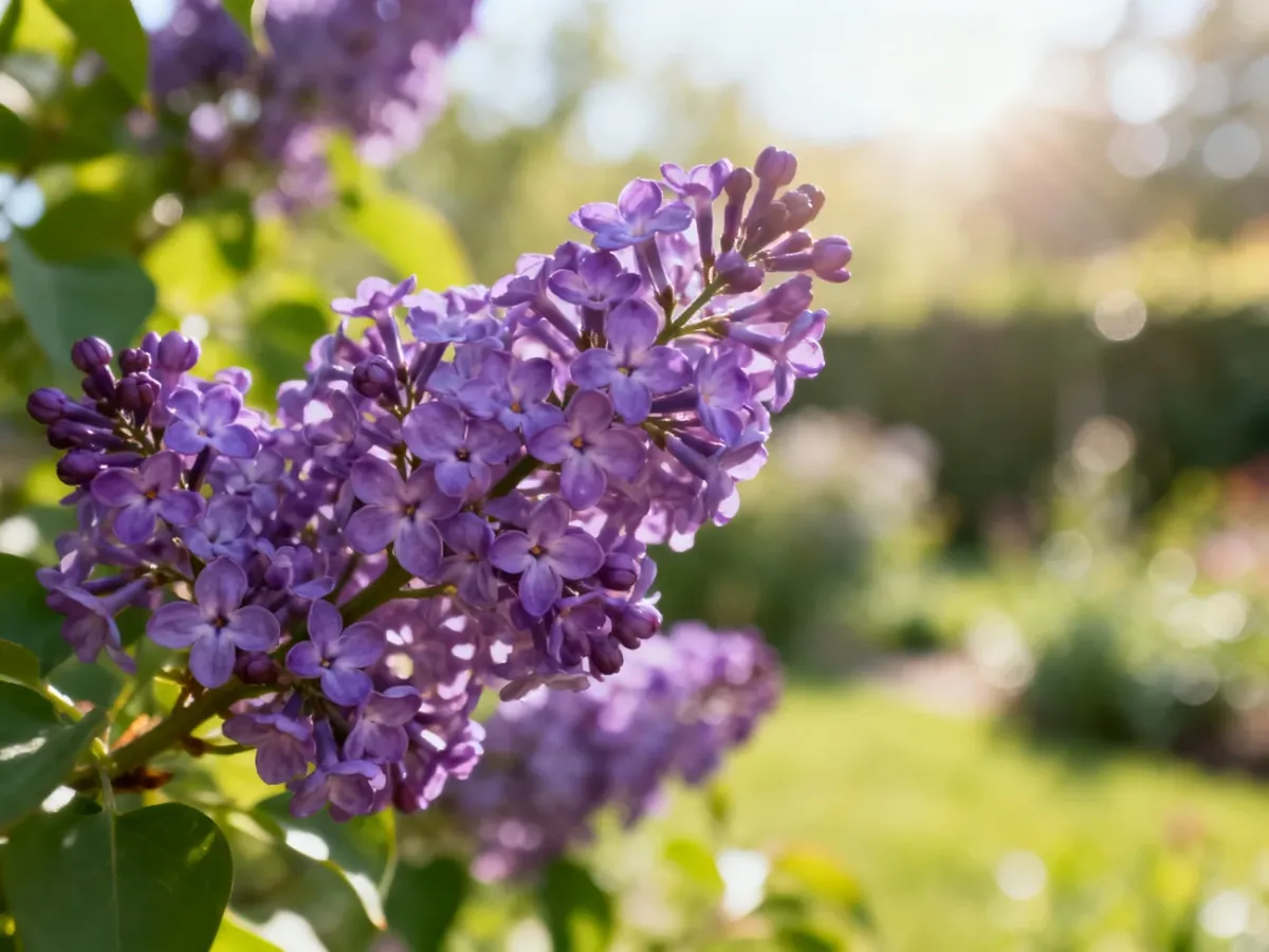 Zbliżenie na fioletowe kwiaty lilaka z wyraźnymi płatkami na tle rozmytego, słonecznego ogrodu.