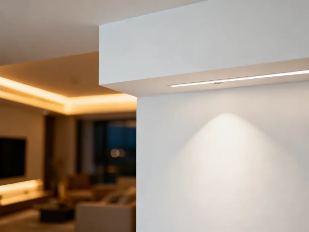 Nowoczesny salon z gładkim sufitem podwieszanym i wbudowanym oświetleniem LED, tworzącym przytulny, wieczorny nastrój.