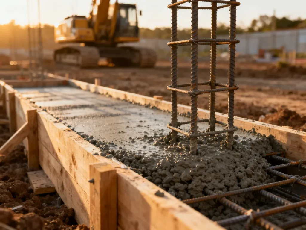 Wylewanie świeżego betonu do szalunków z widocznym zbrojeniem na placu budowy fundamentów domu.