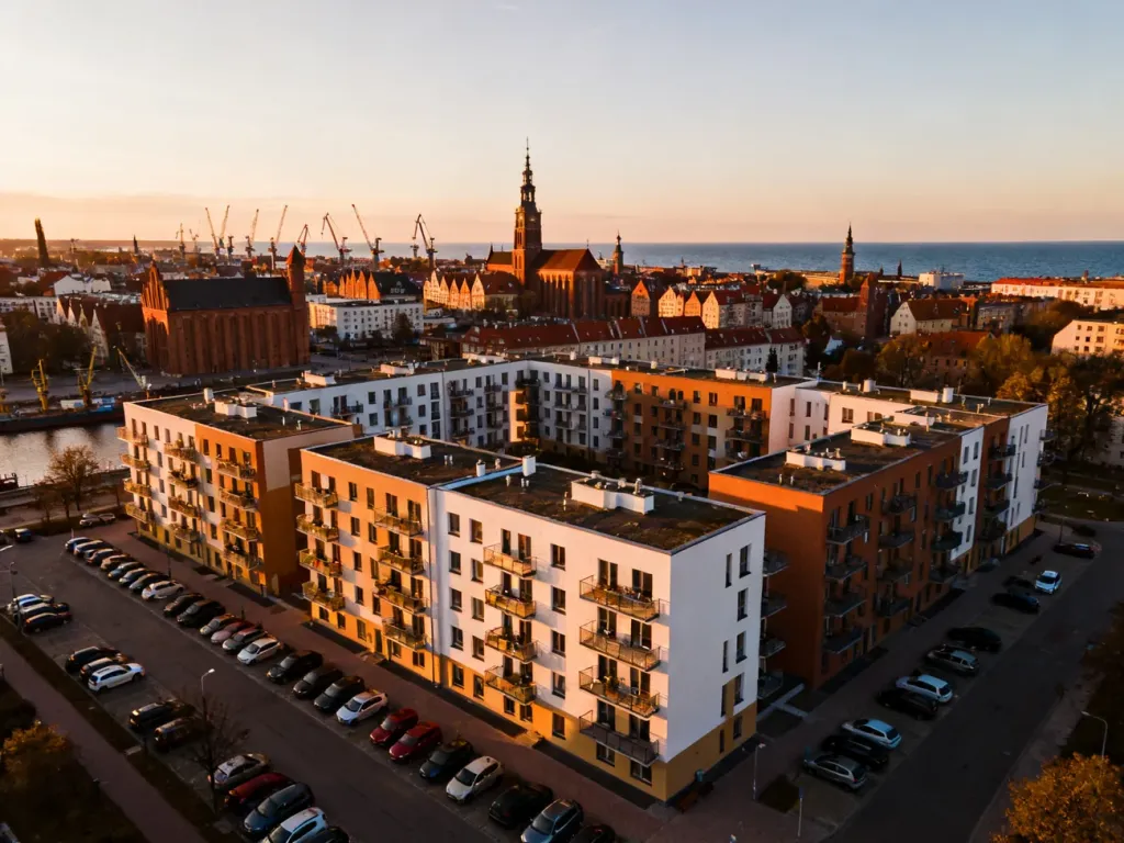Panorama nowoczesnych bloków mieszkalnych w Gdańsku o zachodzie słońca, w tle historyczne centrum i morze; no text on the picture
