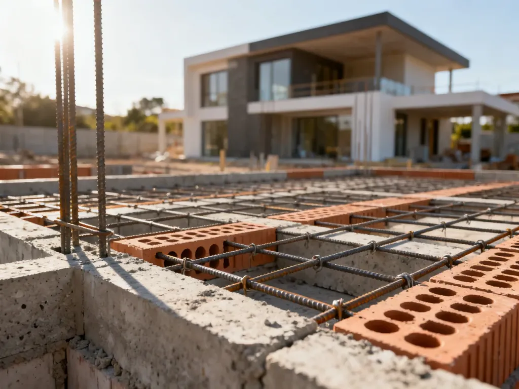 Zbliżenie na zbrojenie, beton i pustaki ceramiczne wykorzystywane przy budowie stropów gęstożebrowych.