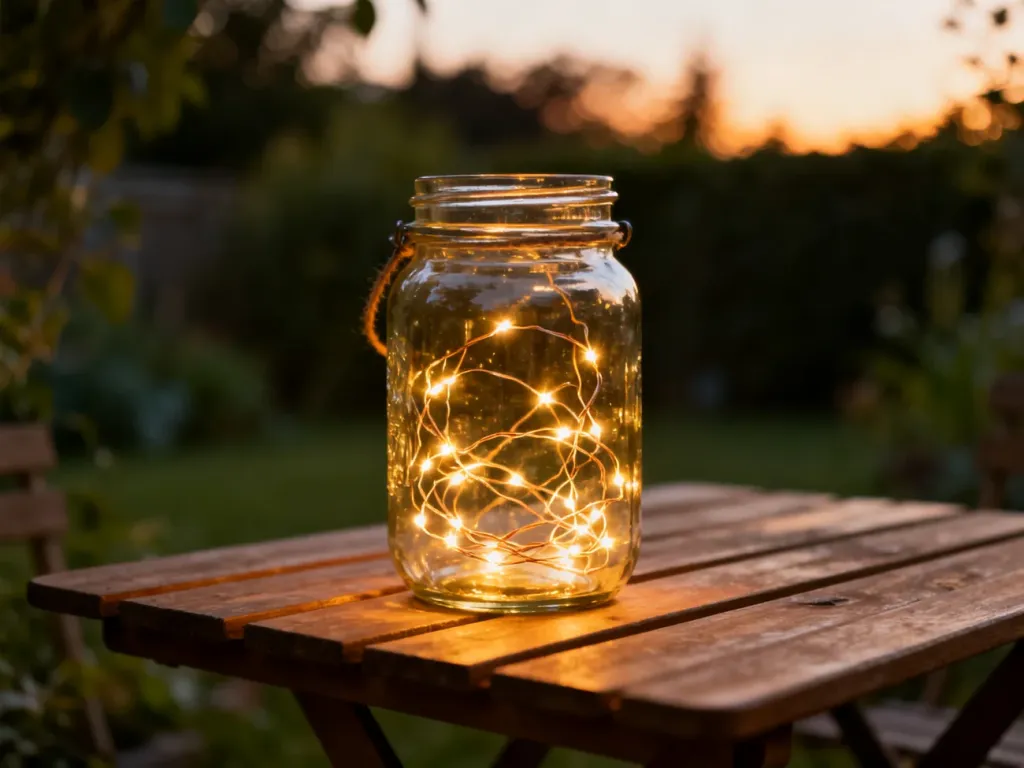 Szklany słoik z lampkami LED tworzący przytulny lampion ogrodowy na drewnianym stole w wieczornym ogrodzie.