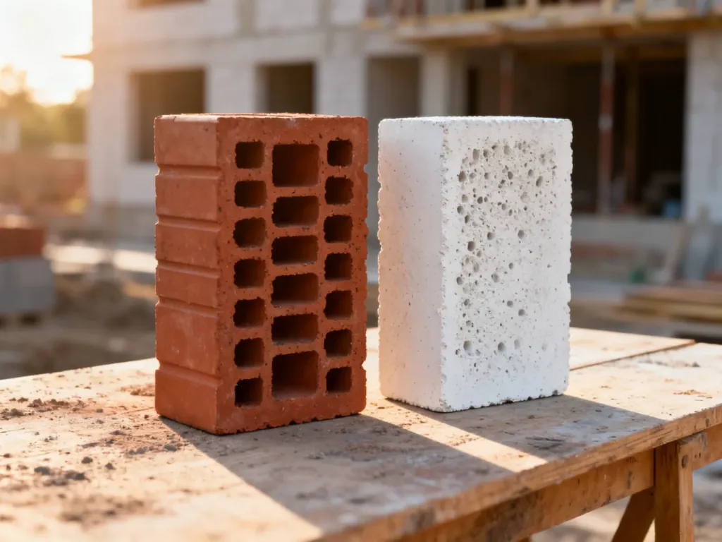 Porównanie pustaka ceramicznego i bloczka z gazobetonu na placu budowy, ukazujące różnice w fakturze obu materiałów.