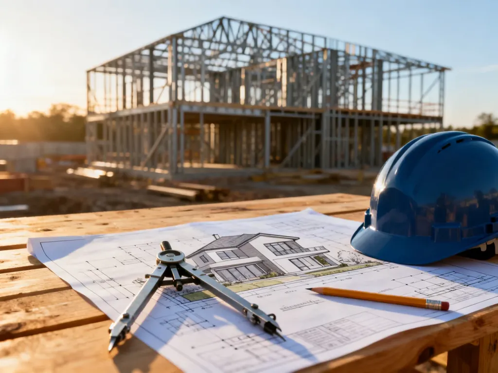 Profesjonalny projekt architektoniczny domu na stole budowlanym z kaskiem i narzędziami pomiarowymi w świetle poranka.