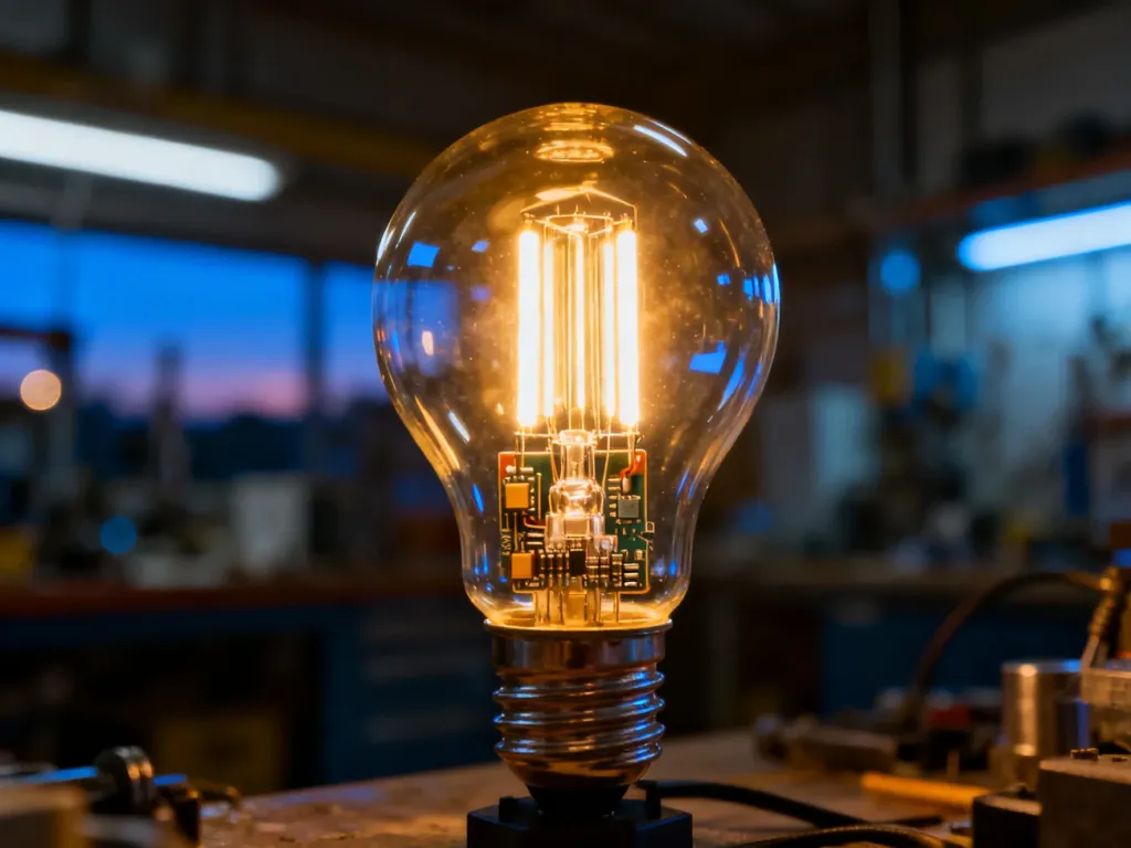 Nowoczesna żarówka LED świecąca jasnym światłem, ukazująca szczegóły techniczne wewnątrz szklanej bańki.